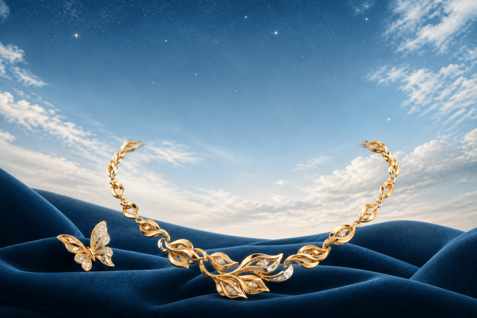 Yellow gold high jewellery necklace on celestial campaign backdrop