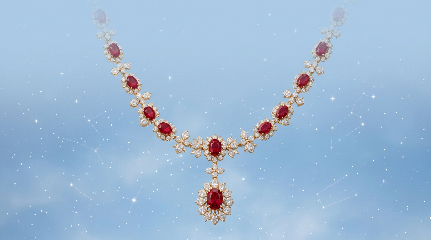 Ruby and diamond high jewellery necklace on celestial campaign backdrop